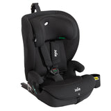 A black Joie child car seat with a breathable mesh headrest and padded side supports, shown from a three-quarter angle on a plain white background.