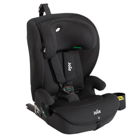 A black Joie child car seat with a breathable mesh headrest and padded side supports, shown from a three-quarter angle on a plain white background.