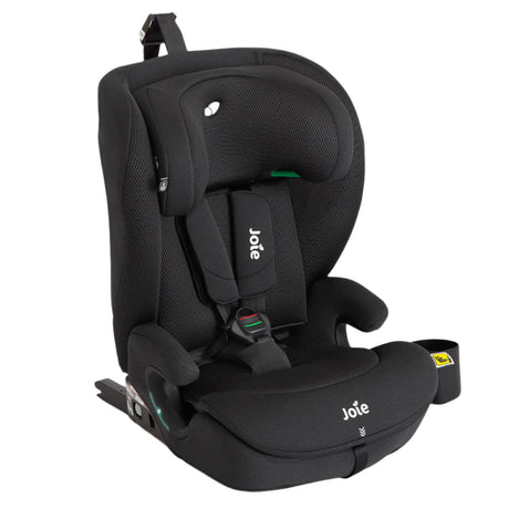 A black Joie child car seat with a breathable mesh headrest and padded side supports, shown from a three-quarter angle on a plain white background.