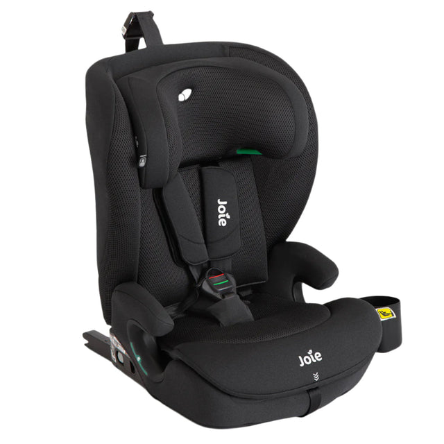 A black Joie child car seat with a breathable mesh headrest and padded side supports, shown from a three-quarter angle on a plain white background.