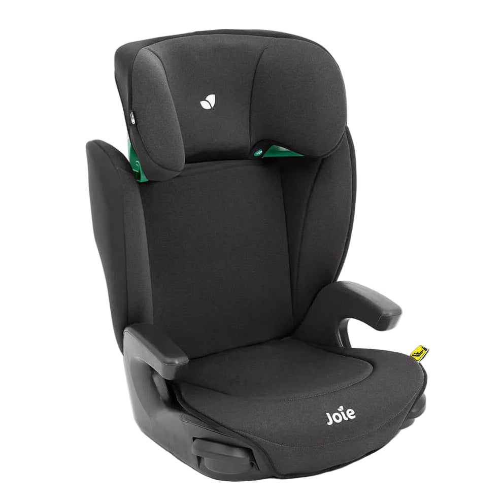 A Joie child car seat in black fabric with small green and yellow accents, shown on a clean off-white background.