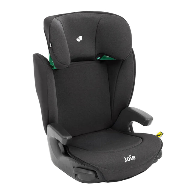 A Joie child car seat in black fabric with small green and yellow accents, shown on a clean off-white background.