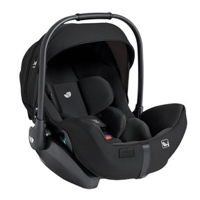 A black infant car seat with a matching canopy and harness, shown from a three-quarter angle on a solid white background.