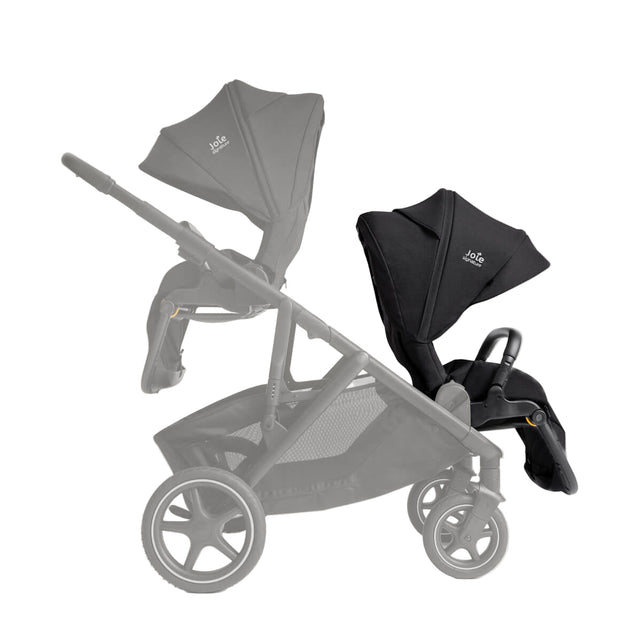 Gray stroller with black car seat attachment on a white background
