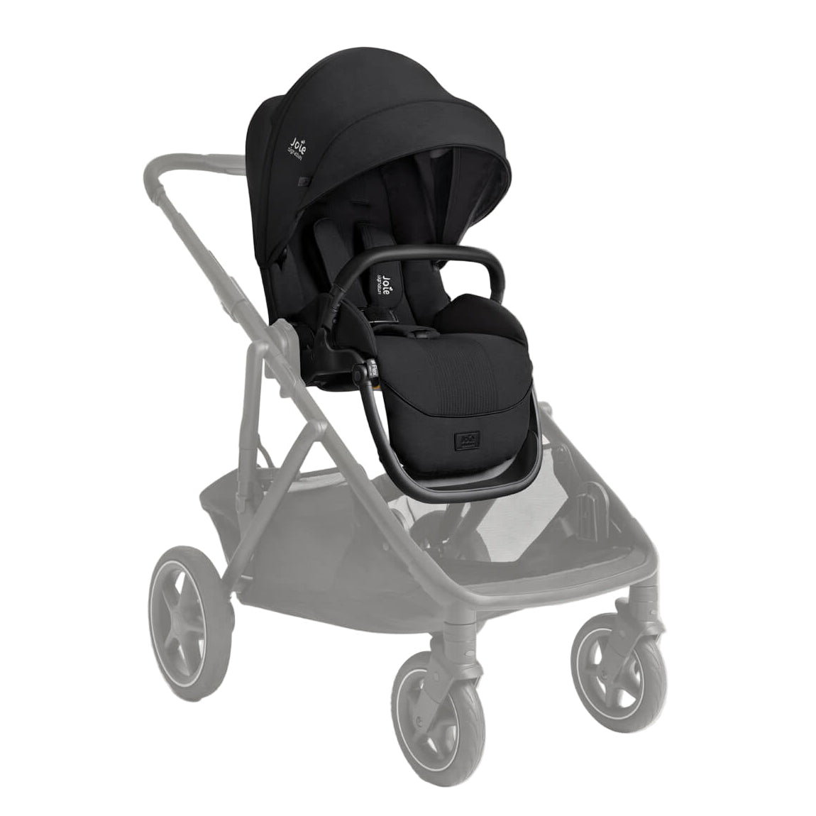 Black baby stroller with car seat attachment on a white background