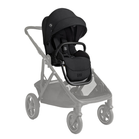 Black baby stroller with car seat attachment on a white background