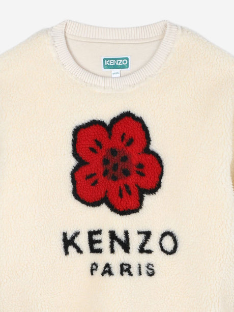 KENZO Girls Faux Shearling Flower Sweatshirt in Ivory