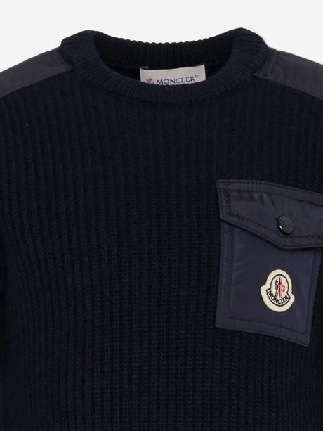 Moncler Enfant Boys Wool Logo Pocket Jumper in Navy