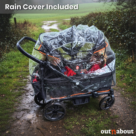 A clear rain cover with orange trim is shown draped over a black stroller on a muddy outdoor path. The text 'Rain Cover Included' appears at the top, and the 'out*nabout' brand logo is in the bottom right corner.