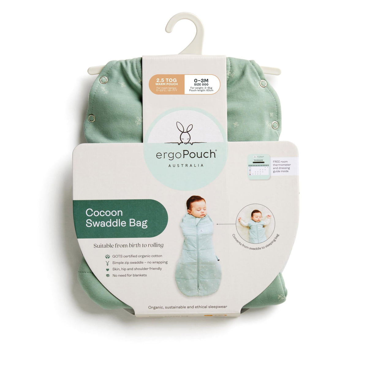 ergoPouch - Organic Winter Cocoon Swaddle Sleeping Bag - Sage 2.5 TOG