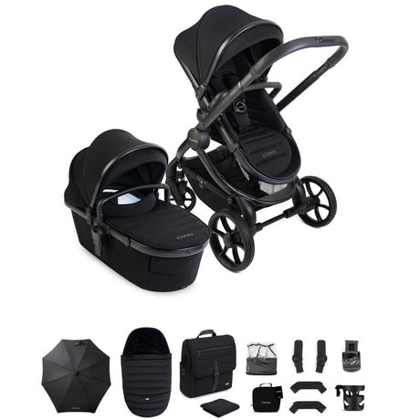 Black stroller set with accessories on a white background