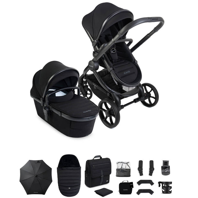 Black stroller set with accessories on a white background