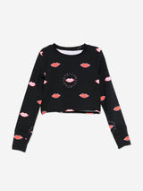 Stella McCartney Girls Long Sleeve Lips AOP Top in Black