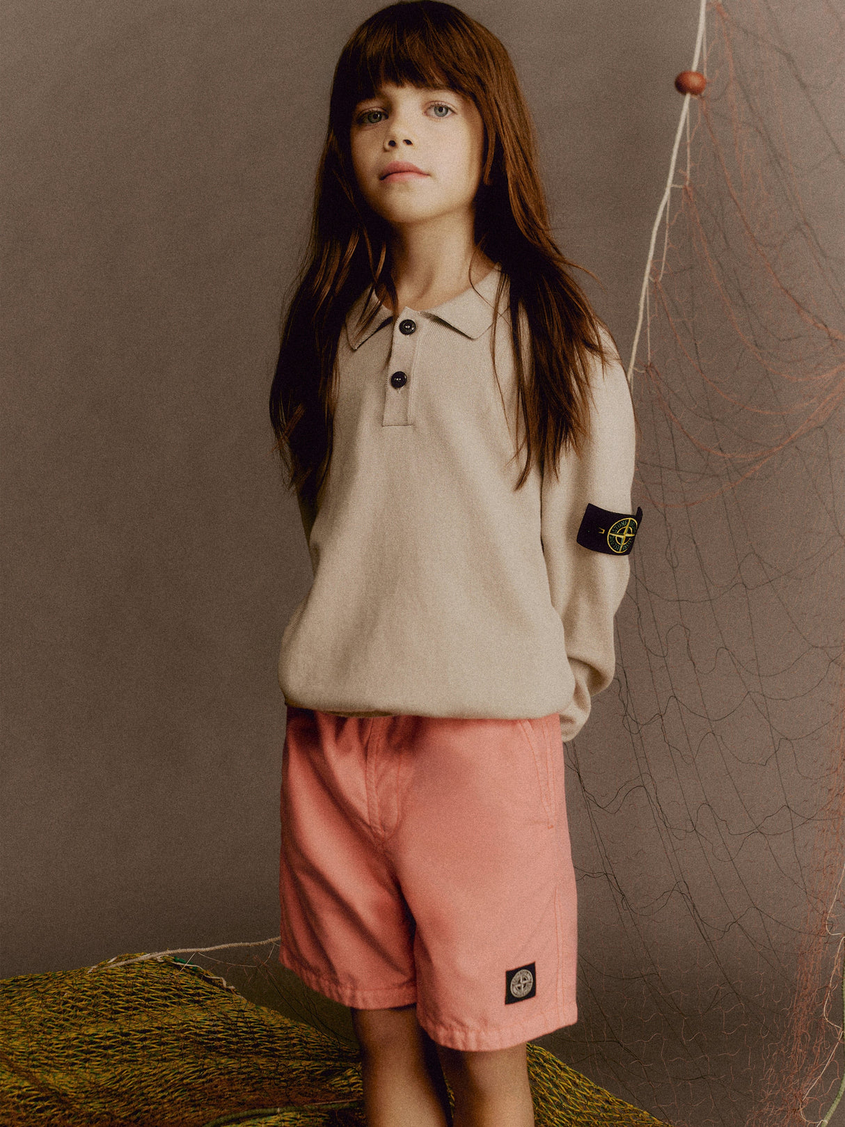 Stone Island Boys Knitted Long Sleeve Polo Shirt in Beige