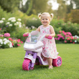 Pink and purple tricycle with a flower princess design on a white background