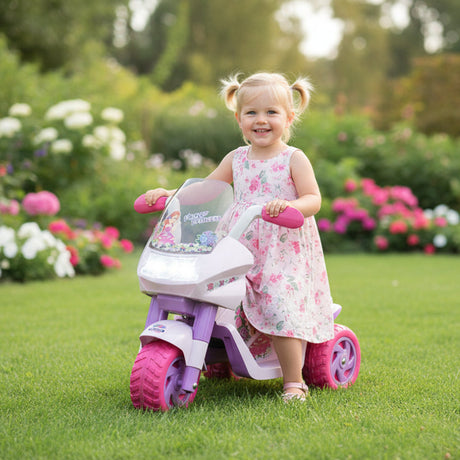 Pink and purple tricycle with a flower princess design on a white background