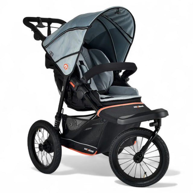 Gray and black stroller on a white background