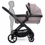 Stroller with beige canopy and black frame on a white background