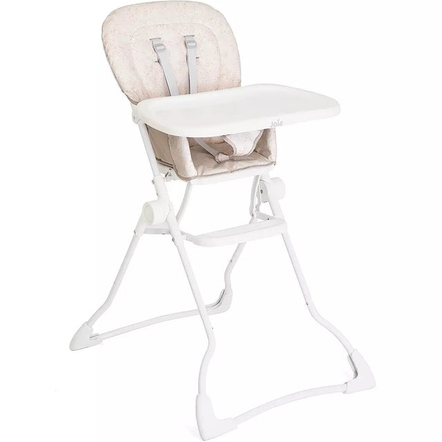 White high chair with beige cushion on a white background