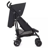 A black Joie stroller with a matching black canopy, mesh seat liner, and black wheels, shown from a side profile view on a solid white background.