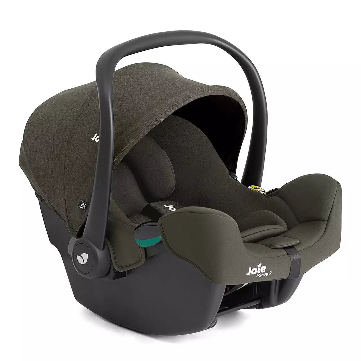 A Jole baby car seat in olive green and black, featuring a matching canopy and a black handle, shown on a clean white background.