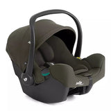 A Jole baby car seat in olive green and black, featuring a matching canopy and a black handle, shown on a clean white background.