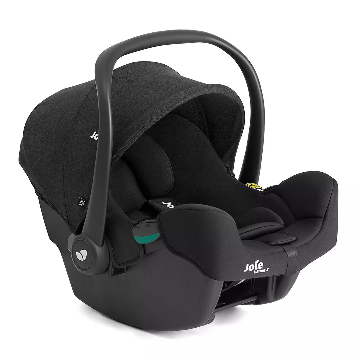 A black Jole infant car seat with a matching black travel harness and canopy, shown from a three-quarters angle on a solid white background.