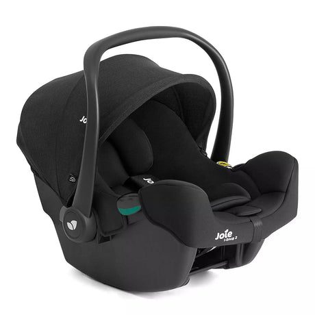 A black Jole infant car seat with a matching black travel harness and canopy, shown from a three-quarters angle on a solid white background.
