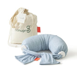 Blue baby neck pillow with a white drawstring bag on a white background