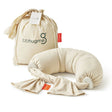 Beige neck pillow with drawstring bag on a white background