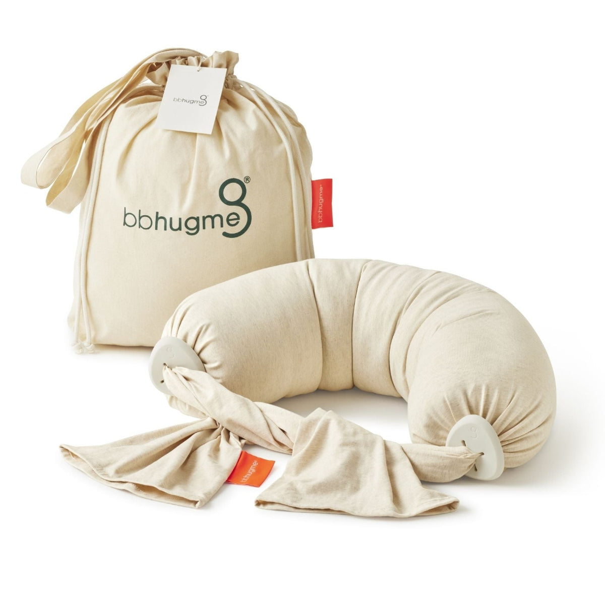 Beige neck pillow with drawstring bag on a white background