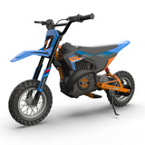 Children's dirt bike with blue and orange design on a white background