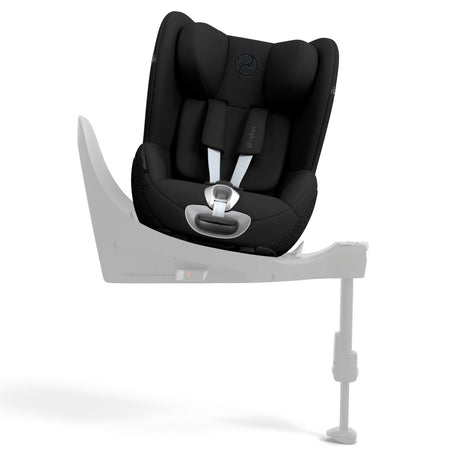 Black car seat on a white stand with a white background