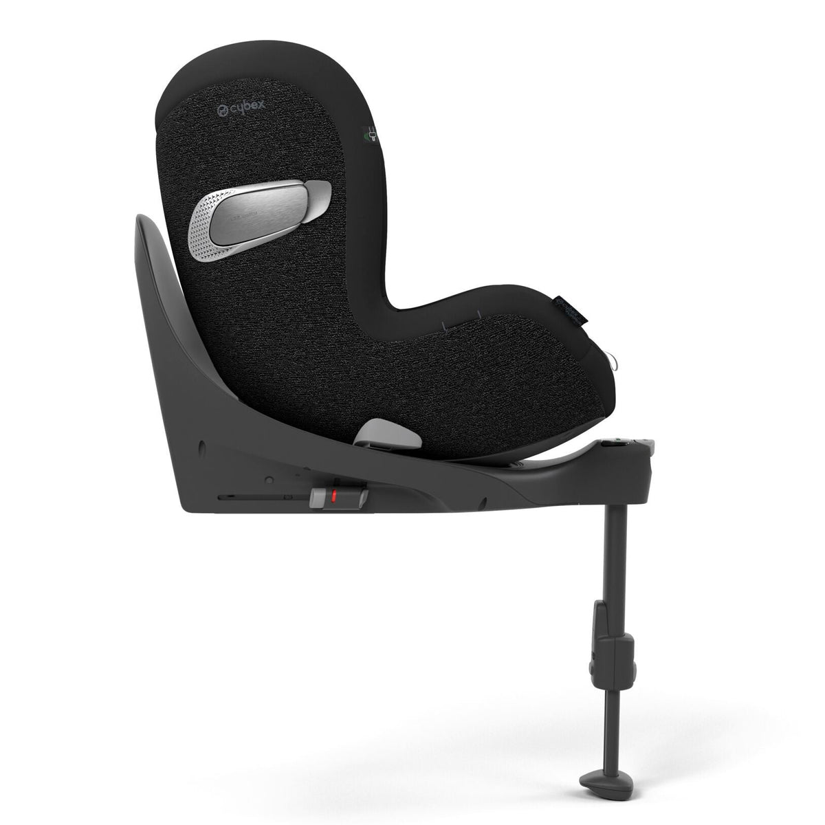 Black car seat with a stand on a white background