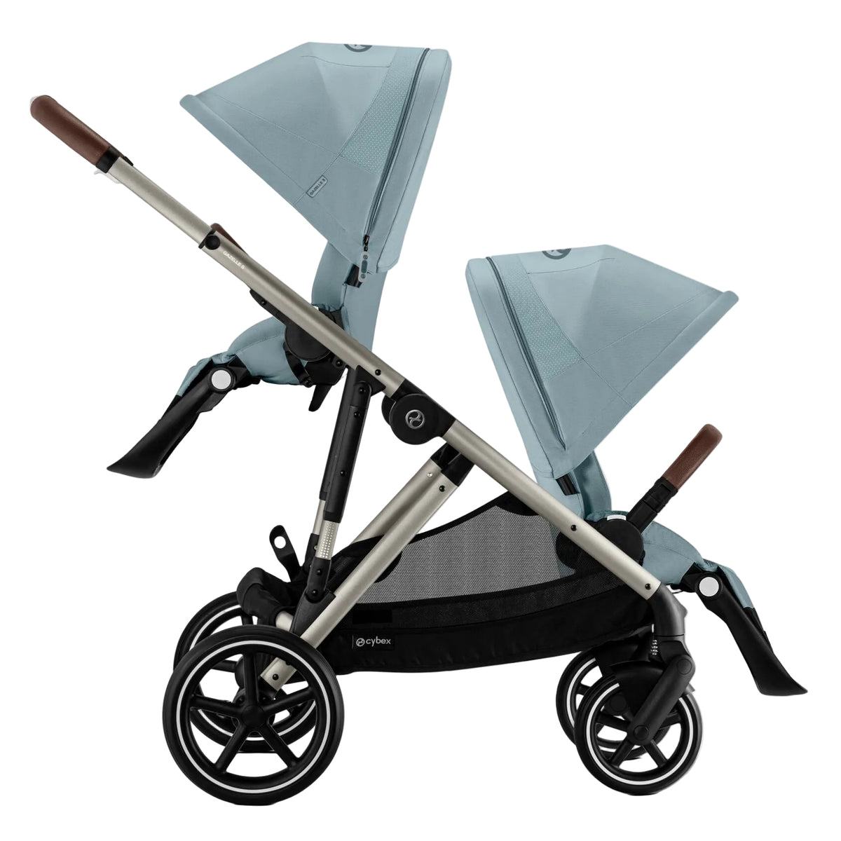 Double stroller with gray canopy on a white background
