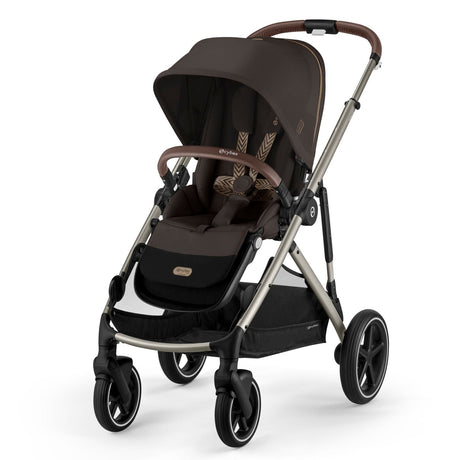 Brown stroller with black seat on a white background