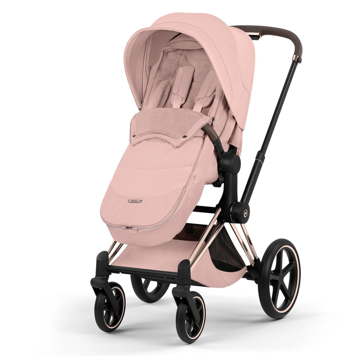 Pink baby stroller with black wheels on a white background