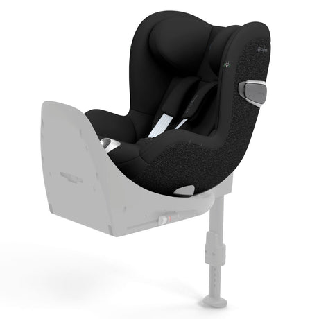 A black infant car seat with a light gray base and mounting bracket, shown on a clean white background.
