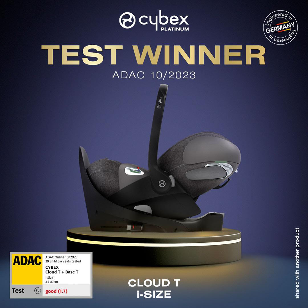 Cybex Cloud T i-Size car seat with ADAC test winner badge on a dark blue background