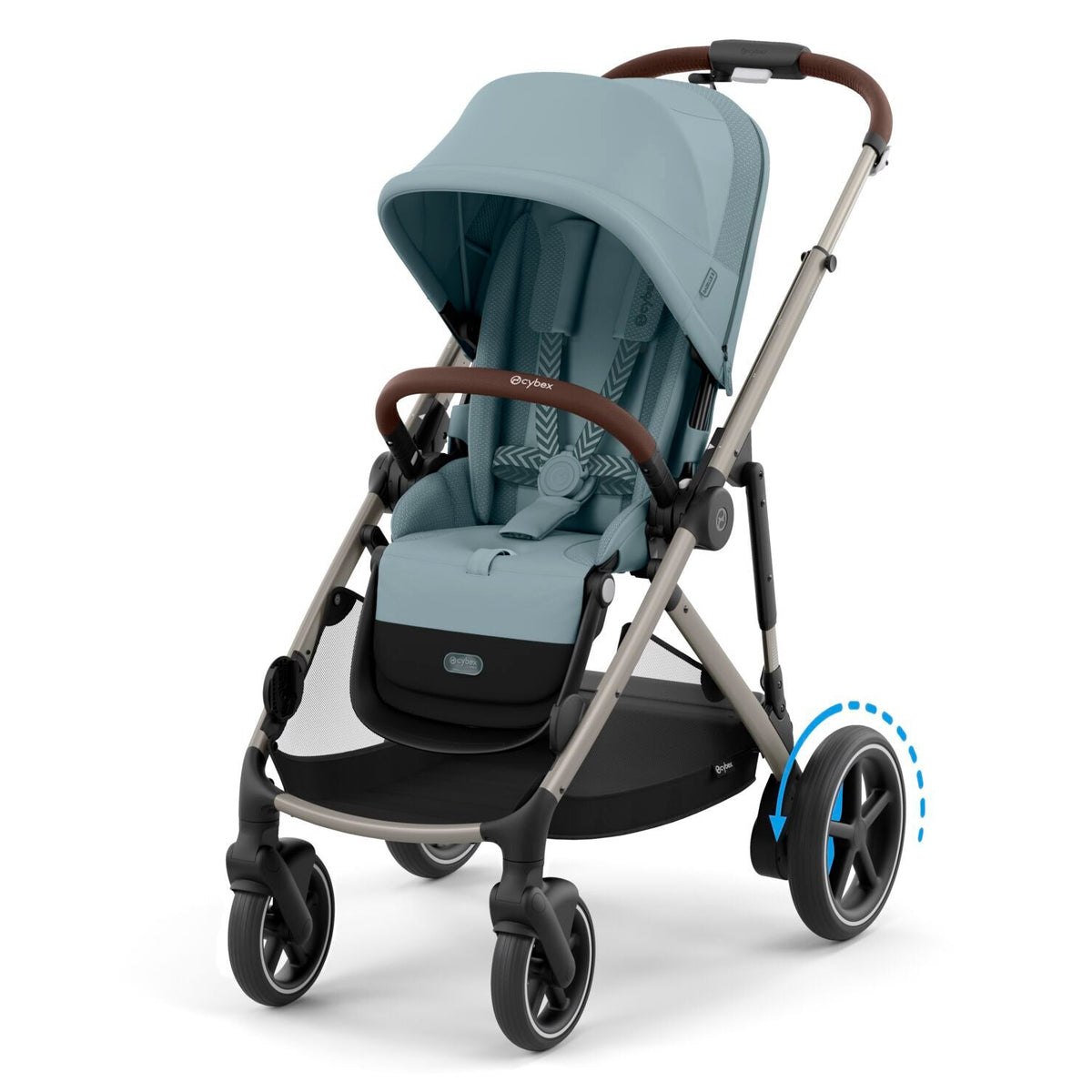 Stroller with a blue canopy on a white background