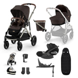 A baby stroller and bassinet travel system kit shown on a clean white background, including a dark brown stroller, matching bassinet, car seat, footmuff, cup holder, and accessories.