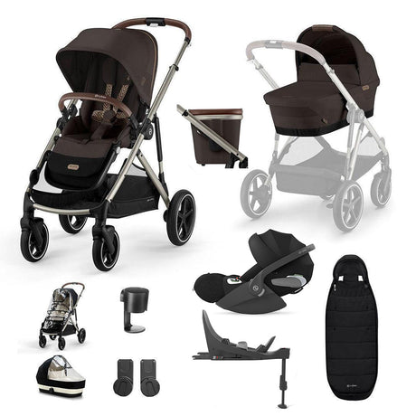 A baby stroller and bassinet travel system kit shown on a clean white background, including a dark brown stroller, matching bassinet, car seat, footmuff, cup holder, and accessories.