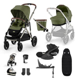 A multi-configuration stroller travel system shown on a clean white background, featuring an olive green stroller with a silver frame, a stroller bassinet setup, a car seat, a footmuff, a cup holder, and accessories.