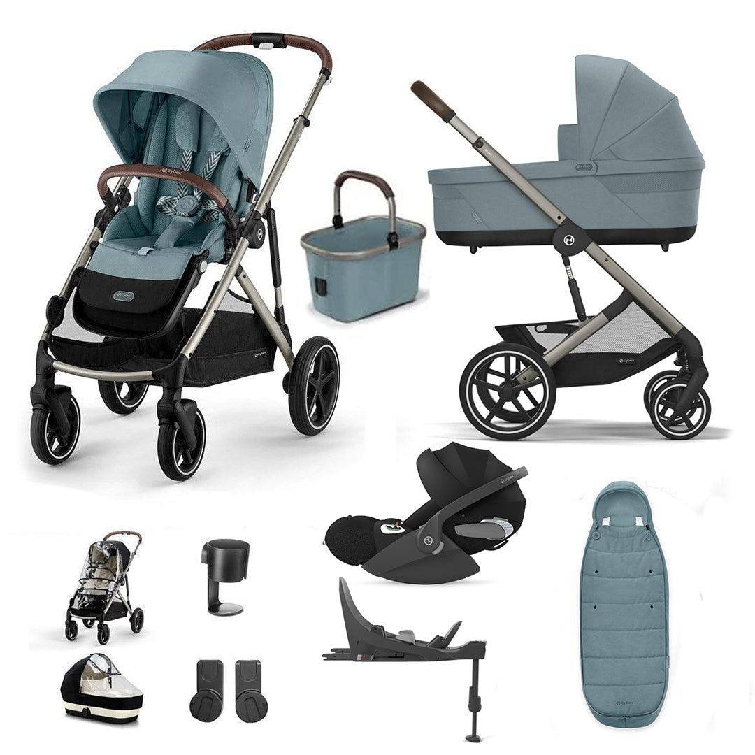 A multi-item baby travel system set displayed on a clean white background, including a stroller, bassinet, car seat, footmuff, shoe, and accessories.