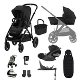 A baby travel system bundle in black, featuring a stroller, bassinet, car seat, footmuff, basket, and accessories, shown on a clean white background.