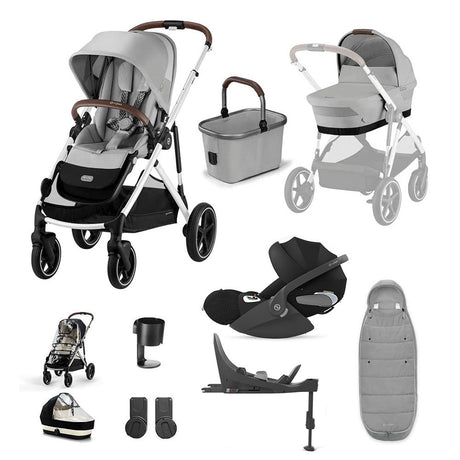 A multi-item baby travel system set in gray, black, and white, including two strollers, a car seat, a bassinet, a storage basket, a footmuff, a cup holder, and accessories, arranged on a clean white background.
