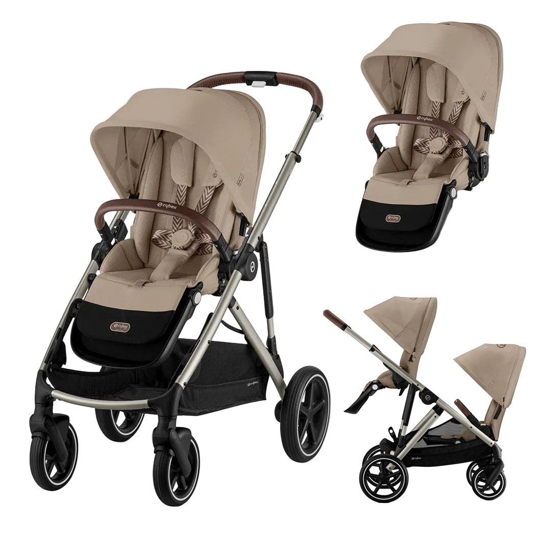 A beige and black baby stroller system shown in multiple configurations on a white background, including a full stroller, a seat attachment, and a folded stroller with seat.