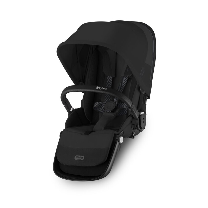 Black baby car seat with canopy on a white background