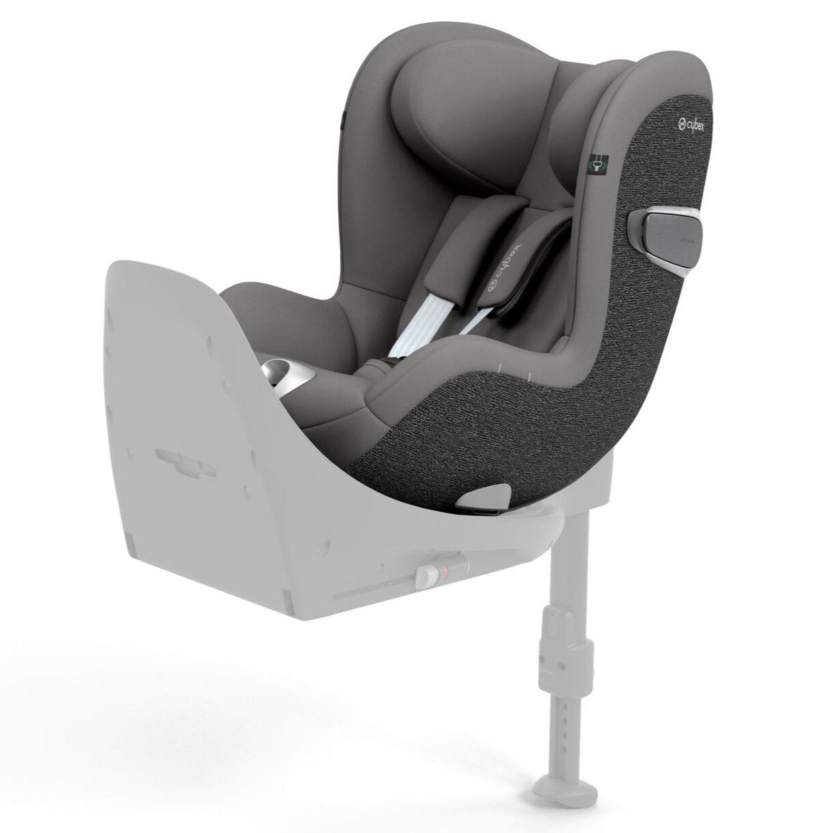 A grey and black baby car seat mounted on a light grey base, shown from a three-quarters angle against a solid white background.