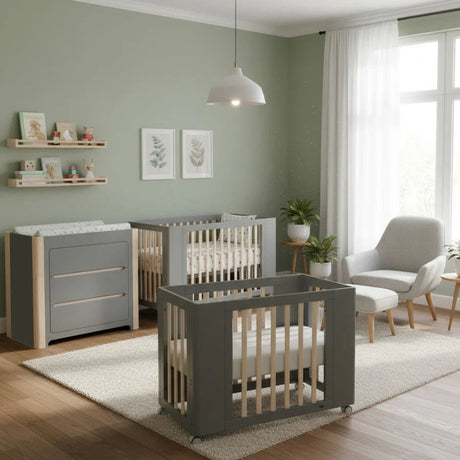 Cocoon Evoke 4 in 1 Nursery Furniture System – Bassinet, Cot, Toddler Bed & Sofa, Dove Grey / Natural Wash